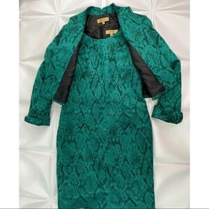 Kasper Sz 8 Green Snakeskin Sheath Dress Cropped Jacket Suit Set Formal Career
